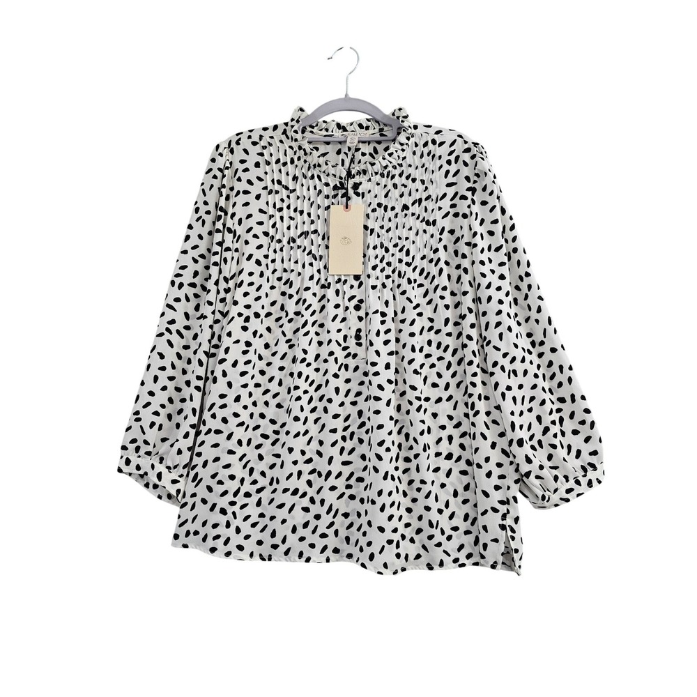 Eliane Rose Blouse Womens Large White Black Spotted Ruffle Neck Pleated Front NW